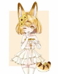 Rule 34 | 1girl, :3, :p, alternate costume, animal ears, bare shoulders, blonde hair, blush, cat ears, cat girl, cat tail, commentary request, cowboy shot, dress, elbow gloves, extra ears, flower, frilled thighhighs, frills, gloves, hair flower, hair ornament, kemono friends, megumi 222, multicolored hair, one eye closed, serval (kemono friends), short hair, sleeveless, solo, sunflower, sunflower hair ornament, tail, thighhighs, tongue, tongue out, wedding dress, white dress, white gloves, white thighhighs, yellow eyes, zettai ryouiki