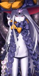Rule 34 | 1girl, abigail williams (fate), abigail williams (third ascension) (fate), absurdres, black bow, black gloves, black hat, black panties, blurry, blurry background, bow, commentary request, depth of field, elbow gloves, fangs, fate/grand order, fate (series), gloves, glowing, glowing eyes, grin, hat, hat bow, highres, long hair, looking at viewer, navel, orange bow, pale skin, panties, parted bangs, polka dot, polka dot bow, purple eyes, revealing clothes, sanpeita, smile, solo, suction cups, tentacles, topless, underwear, v-shaped eyebrows, very long hair, white hair, witch hat