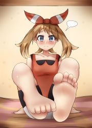 Rule 34 | ..., 1girl, barefoot, blue eyes, blush, bow, brown hair, creatures (company), ethan(33327245), feet, foot focus, frown, game freak, highres, indoors, may (pokemon), nintendo, pokemon, pokemon oras, short hair, soles, speech bubble, toes