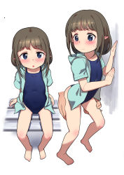 Rule 34 | 1boy, 1girl, :o, bare legs, barefoot, blue eyes, blue jacket, blush, brown hair, character request, closed mouth, commentary request, covered navel, disembodied limb, highres, hood, hood down, hooded jacket, jacket, leonat, looking at viewer, multiple views, open clothes, open jacket, parted lips, pointy ears, princess connect!, school swimsuit, short sleeves, sitting, standing, sweat, swimsuit, swimsuit under clothes, white background