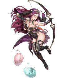 Rule 34 | 1girl, animal ears, arrow (projectile), bare shoulders, black gloves, black leotard, black thighhighs, boots, bow (weapon), braid, breasts, broken egg, cleavage, coattails, collarbone, covered navel, egg, elbow gloves, fake animal ears, female focus, fire emblem, fire emblem heroes, full body, gloves, high heel boots, high heels, highleg, highleg leotard, highres, holding, holding bow (weapon), holding weapon, kusakihara toshiyuki, large breasts, leotard, lips, lipstick, loki (fire emblem), long hair, looking away, makeup, matching hair/eyes, nintendo, official art, open mouth, parted bangs, playboy bunny, purple eyes, purple hair, rabbit ears, rabbit tail, shiny skin, solo, tail, thigh boots, thighhighs, thighs, torn clothes, torn thighhighs, transparent background, weapon