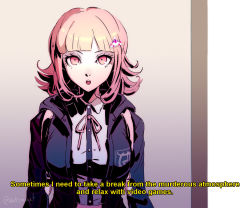 Rule 34 | 1girl, arms at sides, blunt bangs, breasts, commentary, danganronpa (series), danganronpa 2: goodbye despair, datcravat, english text, highres, light brown hair, looking at viewer, nanami chiaki, neck ribbon, open mouth, ribbon, solo, subtitled, twitter username, upper body, wing collar