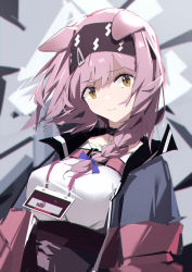 Rule 34 | 1girl, 3:, abstract background, absurdres, animal ears, arknights, black choker, black hairband, blue ribbon, braid, breasts, cat ears, chichi guai, choker, closed mouth, goldenglow (arknights), hair ribbon, hairband, highres, id card, jacket, large breasts, lightning bolt print, long hair, looking at viewer, open clothes, open jacket, pink hair, pink jacket, ribbon, shirt, single braid, solo, underbust, upper body, white shirt, yellow eyes