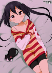 Rule 34 | 1girl, animal, artist name, bike shorts, black hair, blush, breasts, brown eyes, casual, cat, cleavage, dress, from above, k-on!, long hair, lying, medium breasts, nakano azusa, off shoulder, on back, signature, solo, striped, sweat, sweater, sweater dress, twintails, yamasaki wataru