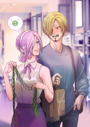 Rule 34 | 1boy, 1girl, alternate costume, artist name, bag, bare shoulders, blonde hair, blue eyes, blush, brother and sister, commentary, curly eyebrows, diadem, english commentary, english text, facial hair, goatee, hair over one eye, highres, holding, holding bag, holding necktie, looking at another, myfairy&amp;gonmi, neckerchief, necktie, one eye covered, one piece, open mouth, purple hair, purple neckerchief, sanji (one piece), short hair, siblings, smile, speech bubble, v-neck, vinsmoke reiju