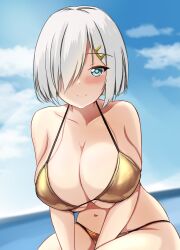 Rule 34 | 1girl, bare shoulders, bikini, blue eyes, blue sky, blurry, blurry background, blush, breasts, cleavage, closed mouth, cloud, collarbone, day, grey hair, hair ornament, hair over one eye, hairclip, hamakaze (kancolle), highres, horizon, huge breasts, kantai collection, large breasts, light smile, looking at viewer, montemasa, navel, ocean, outdoors, short hair, sky, smile, solo, strap gap, string bikini, swimsuit, v arms, water