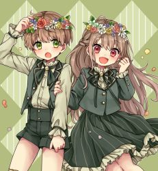 Rule 34 | 1boy, 1girl, blush, brown hair, closed mouth, dress, facing viewer, flower, green eyes, green theme, head wreath, highres, long hair, looking at another, looking at viewer, matching outfits, open mouth, original, pink eyes, rii (pixiv11152329), short hair, shorts, siblings, smile, twins, wavy hair