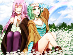 Rule 34 | 2girls, :d, arm support, arm up, bare legs, casual, cloud, day, closed eyes, female focus, field, flower, flower field, green eyes, green hair, gumi, hand on forehead, knees up, legs, crossed legs, long hair, long sleeves, looking up, megurine luka, multiple girls, open mouth, pantyhose, parted lips, pink hair, rainbow, red shorts, round teeth, short hair, short shorts, shorts, sitting, sky, smile, striped, teeth, vocaloid, yuri chikao