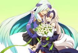 Rule 34 | 2girls, aqua hair, armor, bare shoulders, blush, brynhildr (fate), closed eyes, detached sleeves, fate/grand order, fate (series), flower, hair over one eye, headpiece, heart, height difference, jeanne d&#039;arc (fate), jeanne d&#039;arc (ruler) (fate), jeanne d&#039;arc alter (avenger) (fate), jeanne d&#039;arc alter (avenger) (third ascension) (fate), jeanne d&#039;arc alter (fate), lily (flower), long hair, multiple girls, oiun, one eye closed, pale skin, tsundere, very long hair, white hair, yellow eyes, yuri