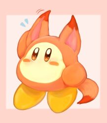 Rule 34 | animal ears, arm up, bags under eyes, blush stickers, border, butter (oshi8kyoumoh), full body, hand on own ear, kirby (series), motion lines, nintendo, no humans, no mouth, notice lines, orange eyes, outside border, pink border, simple background, solo, standing, tail, waddle dee, white background