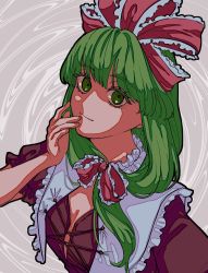 Rule 34 | 1girl, bow, commentary, corset, dress, frilled bow, frilled ribbon, frilled shirt collar, frills, green eyes, green hair, hand to own mouth, hat, hat bow, hat ribbon, highres, kagiyama hina, long hair, looking at viewer, me ri0815, puffy short sleeves, puffy sleeves, red bow, red corset, red dress, red ribbon, ribbon, ringed eyes, short sleeves, smile, solo, touhou, upper body
