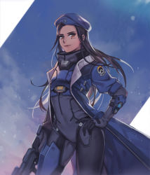 Rule 34 | 1girl, aged down, ana (overwatch), beret, black hair, blue sky, brown eyes, captain amari, coat, cowboy shot, dark-skinned female, dark skin, day, emblem, facial mark, facial tattoo, flat chest, gun, hand on own hip, hat, holding, holding gun, holding weapon, jacket, lino chang, long hair, looking at viewer, official alternate costume, outdoors, overwatch, overwatch 1, patch, rifle, sky, smile, smoke, sniper rifle, solo, tattoo, trench coat, weapon