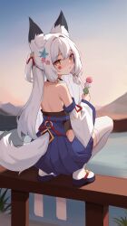 Rule 34 | 1girl, :o, absurdres, animal ear fluff, animal ears, bare back, bare shoulders, blue footwear, blue hakama, blush, brown eyes, clothing cutout, commentary, dango, day, detached sleeves, facial mark, flower, food, fox ears, fox girl, fox tail, from behind, hair between eyes, hair bobbles, hair flower, hair intakes, hair ornament, hakama, hakama short skirt, hakama skirt, highres, holding, holding food, japanese clothes, long hair, long sleeves, looking at viewer, looking back, on railing, original, outdoors, parted lips, pink flower, railing, sandals, sanshoku dango, sidelocks, skirt, sleeves past wrists, solo, squatting, synring97, tail, tail through clothes, thighhighs, very long hair, wagashi, water, white hair, white sleeves, white thighhighs, wide sleeves, zouri