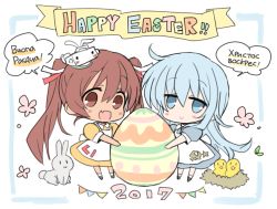 Rule 34 | 10s, 2017, 2girls, :d, alternate costume, apron, bird, blue dress, blue eyes, blue hair, brown eyes, brown hair, rabbit, chibi, chick, cyrillic, dress, easter, easter egg, egg, fang, hammer and sickle, hat, hibiki (kancolle), hizuki yayoi, italian text, kantai collection, libeccio (kancolle), long hair, multiple girls, nest, open mouth, oversized object, russian text, smile, star (symbol), twintails, verniy (kancolle), white apron, yellow dress