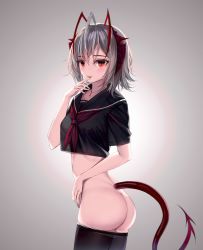 Rule 34 | ahoge, antennae, arknights, ass, black pantyhose, black serafuku, clothes pull, cowboy shot, crop top, finger to mouth, grey background, grey hair, highres, looking at viewer, neckerchief, pantyhose, red eyes, red neckerchief, school uniform, serafuku, shokuyou koori, short hair, short sleeves, simple background, solo, standing, tail, w (arknights)