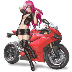 Rule 34 | 1girl, absurdres, biker clothes, bikesuit, blue eyes, bodysuit, boots, ducati, highres, knee boots, long hair, pink hair, thigh boots, thighhighs, yuta0toku