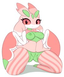 Rule 34 | 1girl, antennae, bare shoulders, blush, bottomless, breasts, breasts out, brown eyes, cleft of venus, colored sclera, creatures (company), female focus, full body, furry, furry female, game freak, gen 7 pokemon, hands up, heart, heart-shaped pupils, highres, kneeling, looking at viewer, lurantis, medium breasts, nintendo, nipples, personification, pink sclera, pink shirt, pink thighhighs, pinkcappachino, pokemon, pokemon (creature), pussy, shirt, simple background, sleeveless, sleeveless shirt, smile, solo, spread legs, striped clothes, striped thighhighs, symbol-shaped pupils, thighhighs, uncensored, white background