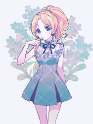 Rule 34 | 1girl, absurdres, arm at side, birthday, blonde hair, blue eyes, breasts, buttons, collar, commentary, dress, earrings, finger to mouth, floral background, flower, frilled collar, frilled dress, frills, grey dress, hand up, high ponytail, highres, idolmaster, idolmaster cinderella girls, idolmaster cinderella girls starlight stage, jewelry, kanipoposu, kiryu tsukasa (idolmaster), light blush, long hair, medium bangs, medium breasts, neck ribbon, official alternate costume, official alternate hairstyle, open mouth, parted bangs, parted lips, ponytail, purple ribbon, ribbon, ribbon earrings, sidelocks, sleeveless, sleeveless dress, standing, straight-on, straight hair, white background