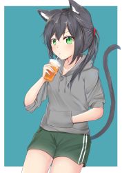 Rule 34 | 1girl, animal ear fluff, animal ears, black hair, blue background, cat ears, cat tail, collarbone, commentary, cowboy shot, cup, dot nose, drawstring, drinking, drinking straw, framed, green eyes, green shorts, grey hoodie, hair between eyes, hair ornament, hand in pocket, highres, holding, holding cup, hood, hood down, hoodie, long sleeves, original, pocket, ponytail, red scrunchie, scrunchie, short shorts, short sleeves, shorts, shuuzo3, simple background, solo, standing, tail