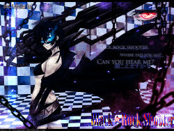 Rule 34 | 10s, 1girl, arm cannon, bad id, bikini, bikini top only, black hair, black rock shooter, black rock shooter (character), blue eyes, chain, coat, d-artemisatto, d.artemisatto, english text, glowing, glowing eyes, huge weapon, midriff, pale skin, short hair, shorts, solo, sunglasses, swimsuit, tattoo, weapon