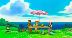 Rule 34 | 1girl, 2boys, 3d, animated, animated gif, ash ketchum, blue sky, brock (pokemon), bulbasaur, chair, charizard, cloud, comparison, creatures (company), dragonite, flying, food, game freak, gen 1 pokemon, gen 2 pokemon, grass, misty (pokemon), multiple boys, nintendo, outdoors, pikachu, pokemon, pokemon (anime), pokemon (classic anime), pokemon (creature), pokemon: the first movie - mewtwo strikes back, pokemon: mewtwo strikes back - evolution, psyduck, shockwave, sitting, sky, squirtle, table, togepi, tree, vulpix, water