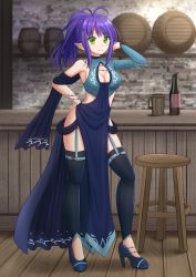 Rule 34 | 1girl, antenna hair, armpits, bar (place), bare shoulders, barrel, black thighhighs, blurry, blush, bottle, breasts, chain, cleavage, cleavage cutout, clothing cutout, commission, depth of field, full body, garter straps, green eyes, hand on own hip, highres, kazenokaze, long hair, looking at viewer, medium breasts, original, pelvic curtain, pointy ears, ponytail, purple hair, skindentation, smile, solo, standing, thighhighs, waist cape