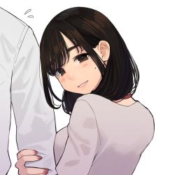 Rule 34 | 1boy, 1girl, arm hug, black hair, blush, brown eyes, commentary request, douki-kun (douki-chan), ganbare douki-chan, highres, kouhai-chan (douki-chan), looking at viewer, looking back, mole, mole on cheek, mole under eye, nail polish, netorare, red nails, simple background, smile, solo focus, white background, yomu (sgt epper)