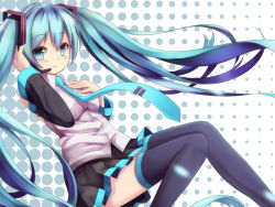 Rule 34 | 1girl, aqua eyes, bad id, bad pixiv id, breasts, detached sleeves, hand on own chest, hatsune miku, headset, long hair, necktie, skirt, small breasts, solo, thighhighs, twintails, very long hair, vocaloid, yuzu-aki