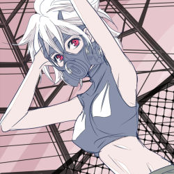 Rule 34 | .flow, 1girl, adapted costume, armpits, arms behind head, arms up, aya tsudi, bad id, bad pixiv id, breasts, chain-link fence, fence, gas mask, mask, midriff, red eyes, sabitsuki, short hair, solo, white hair