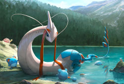 Rule 34 | antennae, creatures (company), fins, forest, game freak, gen 2 pokemon, gen 3 pokemon, gen 4 pokemon, gills, highres, lake, looking at another, marill, mcgmark, milotic, mountain, mountainous horizon, nature, nintendo, no humans, partially submerged, pokemon, pokemon (creature), rock, scenery, shellos, shellos (east), shuckle, tail, fish tail, tree, water, wet