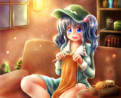 Rule 34 | 1girl, basket, blue eyes, blue hair, book, bookshelf, brown upholstery, couch, cup, dress, hair bobbles, hair ornament, hat, indian style, indoors, kawashiro nitori, knitting, knitting needle, lamp, light particles, long sleeves, looking at viewer, matching hair/eyes, needle, open mouth, plant, satoji (ochanomkmskry), short hair, sitting, solo, touhou, twintails, two side up, window, yarn ball