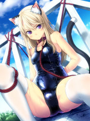 Rule 34 | 1girl, amamiya minato, animal ears, arms behind back, bad id, bad pixiv id, bdsm, blonde hair, bondage, bound, cat ears, cat tail, collar, leash, long hair, looking away, one-piece swimsuit, original, purple eyes, restrained, school swimsuit, shiny clothes, sitting, skindentation, solo, spread legs, stationary restraints, swimsuit, tail, thighhighs, wet, wet clothes, white thighhighs