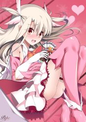 Rule 34 | 1girl, ascot, bag, bare shoulders, blush, boots, breasts, cape, chocolate, dress, elbow gloves, fate/kaleid liner prisma illya, fate (series), feather hair ornament, feathers, gloves, hair ornament, heart, highres, illyasviel von einzbern, layered gloves, long hair, looking at viewer, open mouth, pei iriya, pink dress, pink footwear, pink gloves, prisma illya, red eyes, sidelocks, skirt, small breasts, solo, thigh boots, two side up, white cape, white gloves, white hair, white skirt