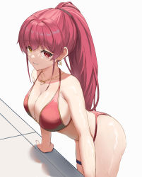 Rule 34 | 1girl, absurdres, ass, bare shoulders, bikini, breasts, cleavage, eyewear on head, heterochromia, highres, hololive, houshou marine, houshou marine (summer), jewelry, large breasts, long hair, looking at viewer, necklace, ponytail, red bikini, red eyes, red hair, solo, swimsuit, thigh strap, vezbin, virtual youtuber, wet, yellow eyes