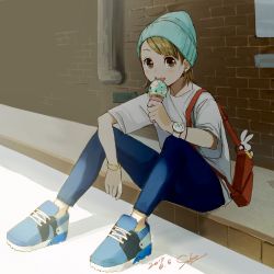 Rule 34 | 1girl, aqua hat, bag, beanie, blonde hair, blue footwear, blue pants, blush, bracelet, brown eyes, commentary request, dated, day, doll, earrings, eating, food, hat, highres, holding, holding food, ice cream, jewelry, licking, looking at viewer, original, outdoors, pants, sako (35s 00), shade, shirt, shoes, short hair, short sleeves, shoulder bag, signature, sitting, smile, solo, swept bangs, tongue, tongue out, watch, white shirt, wristwatch