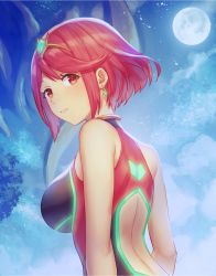 Rule 34 | 1girl, anbe yoshirou, ass, back cutout, bare arms, bare shoulders, breasts, clothing cutout, competition swimsuit, earrings, emerald float, fence, full moon, gem, highres, jewelry, large breasts, looking at viewer, looking back, moon, multicolored clothes, multicolored swimsuit, nintendo, one-piece swimsuit, outdoors, parted lips, pyra (pro swimmer) (xenoblade), pyra (xenoblade), red eyes, red hair, short hair, sitting, smile, solo, swept bangs, swimsuit, thighs, tiara, tree, upper body, xenoblade chronicles (series), xenoblade chronicles 2