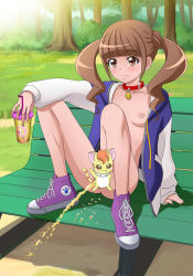 Rule 34 | 1girl, bottomless, breasts, brown eyes, brown hair, censored, collar, healin&#039; good precure, highres, hiramitsu hinata, nipples, open clothes, open sweater, outdoors, peeing, precure, public indecency, puddle, small breasts, solo, tooo, twintails