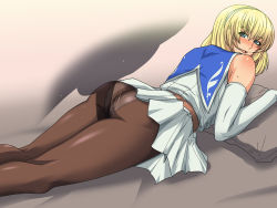 Rule 34 | 1girl, ass, bare shoulders, bed, blonde hair, blue eyes, blush, cassandra alexandra, elbow gloves, gloves, greco roman (spiral brain), invisible man, looking back, lying, namco, on stomach, open mouth, panties, pantyhose, pillow, rubbing, short hair, simple background, skirt, smile, soul calibur, sweat, thigh sex, underwear, upskirt