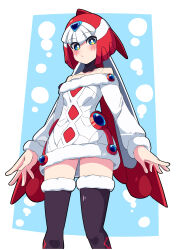 Rule 34 | 1girl, absurdres, black thighhighs, blush, buzzlyears, closed mouth, green eyes, highres, fairy leviathan (mega man), long sleeves, looking at viewer, mega man (series), mega man zero (series), off-shoulder sweater, off shoulder, solo, sweater, thighhighs, white sweater