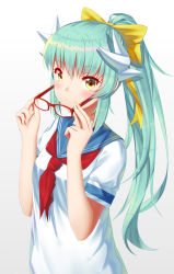Rule 34 | 1girl, aqua hair, blush, bow, breasts, closed mouth, fate/grand order, fate (series), glasses, hair bow, highres, horns, ji dao ji, kiyohime (fate), long hair, looking at viewer, necktie, ponytail, red necktie, short sleeves, small breasts, smile, solo, upper body, yellow bow, yellow eyes