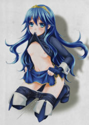 Rule 34 | 1girl, asuma shin, blue eyes, blue hair, blush, breasts, cape, clothes lift, clothes pull, fingerless gloves, fire emblem, fire emblem awakening, frown, gloves, grey background, kneeling, long hair, looking at viewer, lucina (fire emblem), matching hair/eyes, mouth hold, navel, nintendo, nipples, pantyhose, pantyhose pull, shirt lift, simple background, small breasts, solo, sweater, tiara, very long hair, wrist cuffs