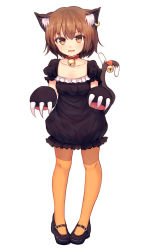 Rule 34 | 1girl, alternate costume, animal ear fluff, animal ears, animal hands, bell, blush, brown eyes, brown hair, cat ears, cat tail, chen, claws, collar, earrings, fang, full body, gloves, halloween, highres, jewelry, jingle bell, looking at viewer, mary janes, multiple tails, neck bell, no headwear, open mouth, orange pantyhose, pantyhose, paw gloves, ribbon, shoes, shone, short hair, simple background, single earring, smile, solo, standing, tail, tail bell, tail ornament, tail ribbon, touhou, white background