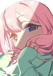 Rule 34 | 1girl, blush, bouen, expressionless, green eyes, green sweater, highres, light, long hair, looking at viewer, original, pink hair, shade, simple background, sleeves past wrists, solo, sweater, upper body, white background
