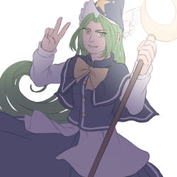 Rule 34 | 1girl, bow, capelet, green eyes, green hair, hat, long hair, lowres, mefomefo, mima (touhou), shirt, skirt, smile, solo, staff, touhou, touhou (pc-98), v, very long hair, vest, wizard hat, yellow bow