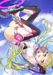 Rule 34 | 1girl, ass, blush, breasts, green hair, kim eb, large breasts, long hair, looking at viewer, necktie, open mouth, original, pink necktie, purple eyes, sky, solo, star (sky), starry sky, teeth, upside-down