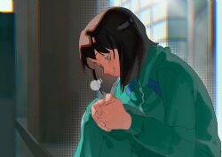 Rule 34 | 1girl, black hair, bob cut, green jacket, green pants, green track suit, highres, iwakura mitsumi, jacket, kengyou lei, looking down, medium hair, outdoors, own hands clasped, own hands together, pants, sigh, sitting, skip to loafer, smile, solo, track jacket, track pants