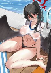 Rule 34 | 1girl, absurdres, arm support, bare legs, barefoot, bikini, bikini bottom only, black hair, black wings, blue archive, clenched teeth, commentary request, covered erect nipples, crop top, hasumi (blue archive), highres, long hair, looking at viewer, midriff, navel, no pants, paradox (parapa), ponytail, pool, red eyes, see-through, shirt, sitting, solo, stomach, swimsuit, teeth, thighs, wariza, water, wet, wet clothes, wet shirt, white shirt, wings