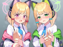 Rule 34 | 1boy, 2girls, @ @, animal ear headphones, animal ears, blonde hair, blue archive, blue bow, blue neckwear, blunt bangs, blush, bow, grabbing another&#039;s breast, breasts, cat ear headphones, cat tail, collared shirt, commentary request, dress shirt, fake animal ears, grabbing, green eyes, grey background, guided breast grab, guiding hand, hair bow, halo, headphones, heavy breathing, hetero, jacket, long sleeves, looking at viewer, medium breasts, midori (blue archive), momoi (blue archive), multiple girls, necktie, off shoulder, open clothes, open jacket, open mouth, pink eyes, pov, pov hands, red bow, school uniform, shirt, short hair, siblings, sidelocks, simple background, sisters, sleeves past wrists, standing, sweat, tail, twins, upper body, ushimittsu, v-shaped eyebrows, white jacket, white shirt, wide sleeves