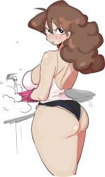Rule 34 | 1girl, :o, alternate breast size, apron, ass, ass focus, back, bare legs, blush, breasts, brown hair, crayon shin-chan, curvy, embarrassed, highres, huge ass, large breasts, leebo (leeboxxx), lips, long hair, looking back, mature female, micro shorts, nohara misae, shiny skin, shorts, skindentation, solo, standing, very long hair, washing, wide hips