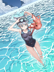 Rule 34 | 1girl, absurdres, animal ear fluff, animal ears, black one-piece swimsuit, blue archive, blue eyes, blue sky, breasts, cloud, competition swimsuit, covered navel, cross hair ornament, day, diving mask, diving mask on head, extra ears, from above, goggles, goggles on head, grey hair, hair ornament, halo, highres, low ponytail, medium breasts, medium hair, mismatched pupils, multicolored clothes, multicolored swimsuit, octopus, official alternate costume, one-piece swimsuit, saturn (pixiv 89737999), shiroko (blue archive), shiroko (swimsuit) (blue archive), sky, snorkel, swimsuit, wading, water, wolf ears